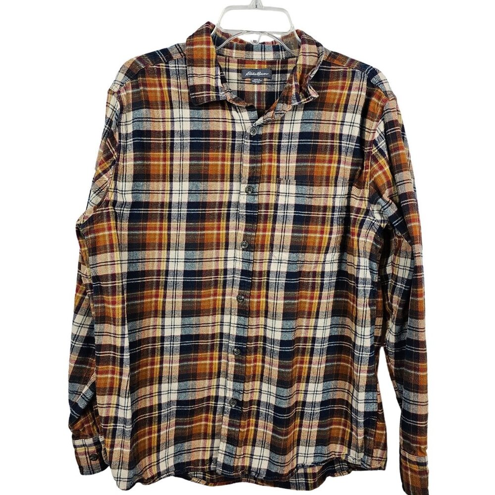 Mens XL Shirt Plaid Bristol Flannel Rust Cotton Autumn Fall Winter Farmer Cabin